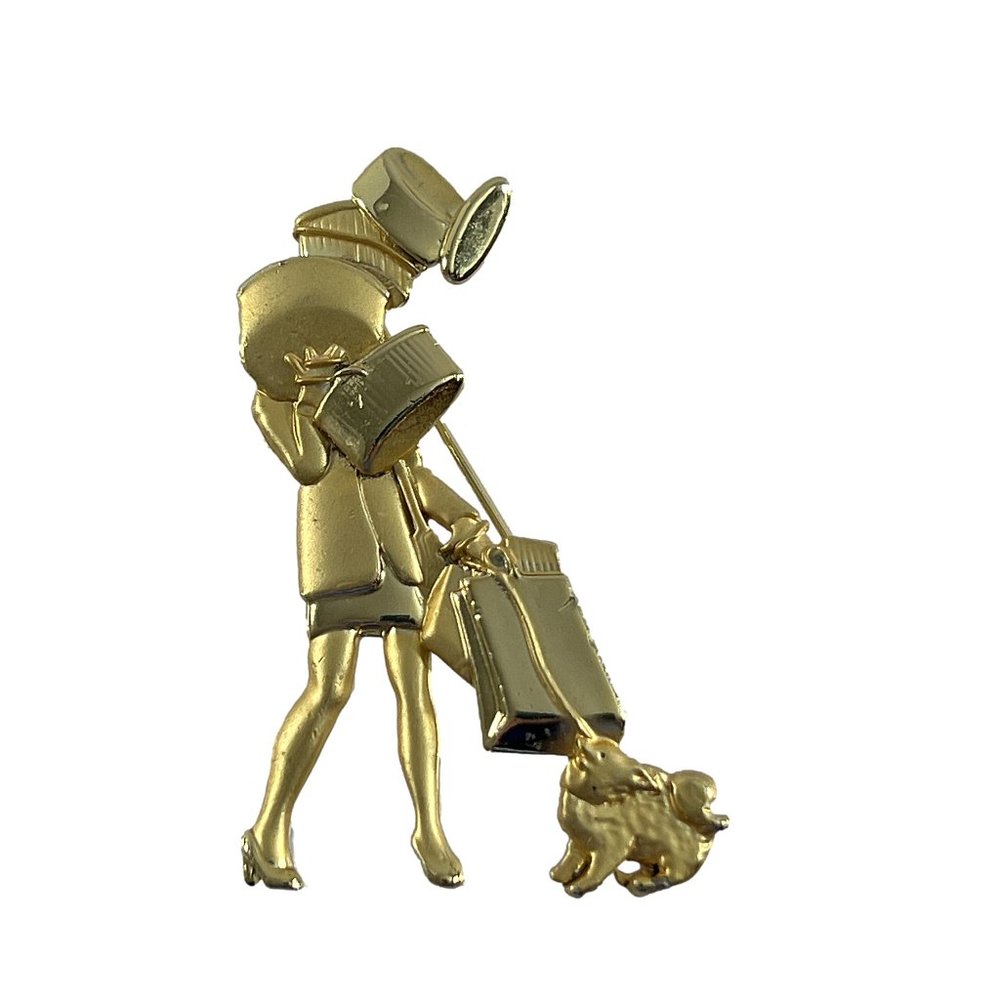 Vintage AJC Brooch Pin Gold Tone Woman Shopping Holding Bags Dog 2.75"